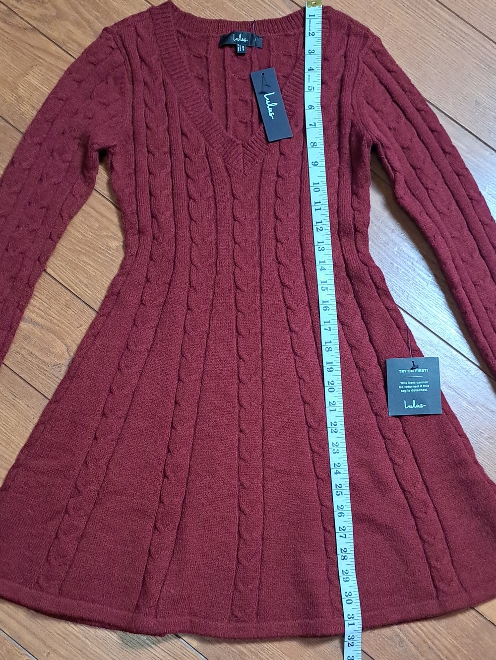 NWT Lulus Sweetly Seasonal Burgundy Cable Knit Sweater Mini Dress XS - Picture 7 of 9